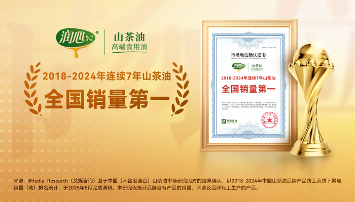 潤(rùn)心獲艾媒咨詢(xún)“2018-2024年連續(xù)7年山茶油全國(guó)銷(xiāo)量第一”市場(chǎng)地位確認(rèn)